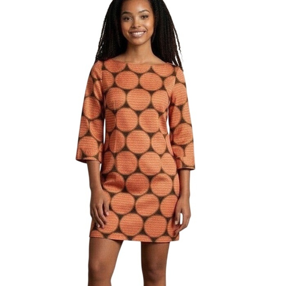 Skirtin Around Womens Silk Shift‎ Dress Sz 8 Orange Pink Geometric Circle Print
